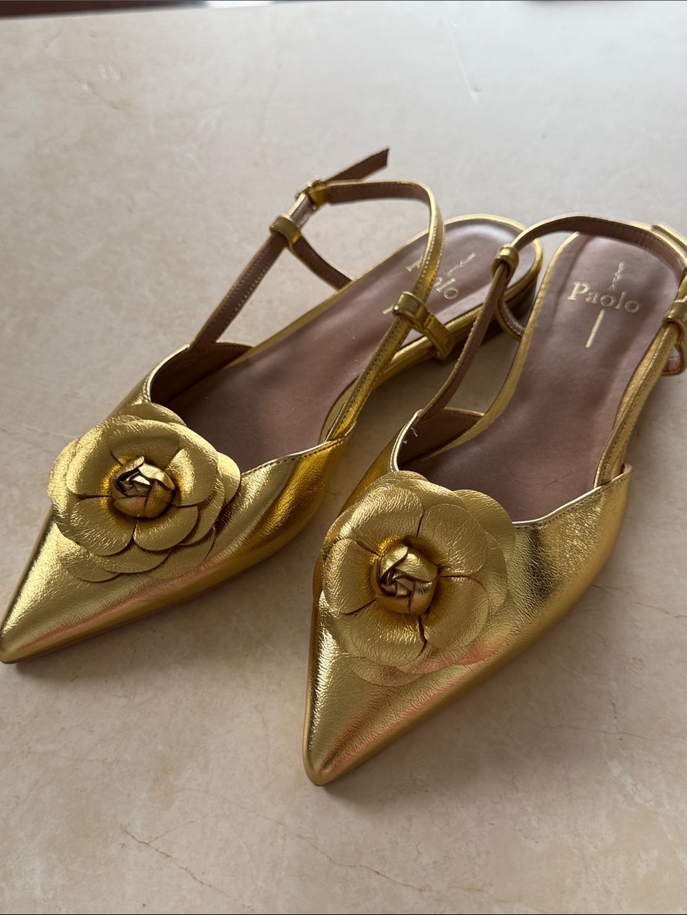 Paolo Metallic Gold Pointed-Toe Slingback Flats with Floral Rosette